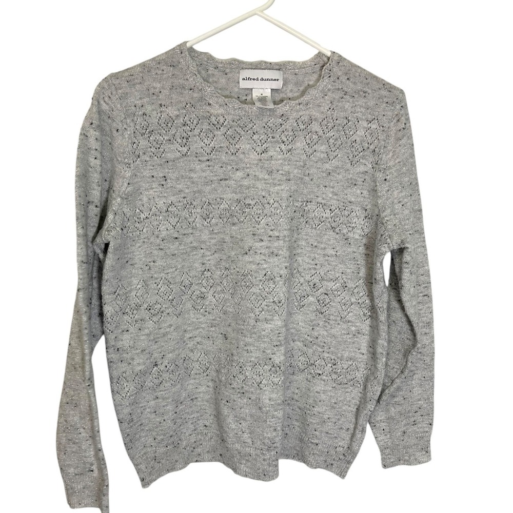 Alfred Dunner M Gray Sweater Pointelle Metallic Scallop Neck GrandmaCore Shimmer
